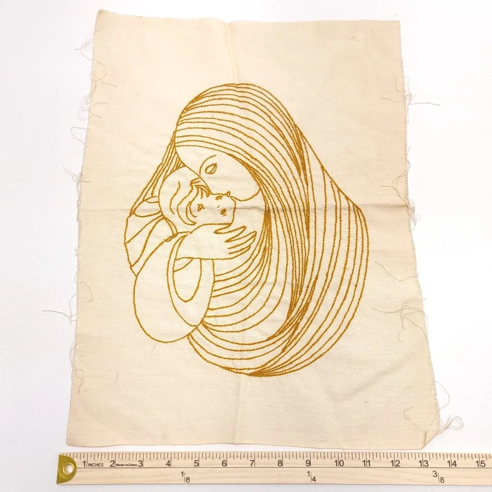 Vintage Mother and Child Hand‎ Embroidered Textile Art Gold Thread MCM 13x18